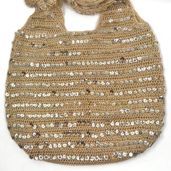 Vintage Y2K Tan Boho Sequin Shoulder Bag Knit Cottagecore Gold Purse - Picture 2 of 7